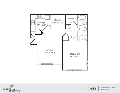 Floor plan for 1 bed, 1 bath, 825 sqft